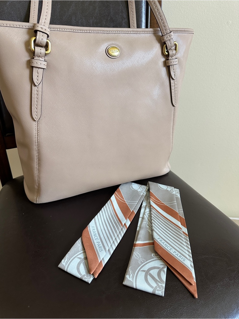 Coach Saffiano Leather Beige Tote with Scarf-Wrapped Handles and a Star Charm